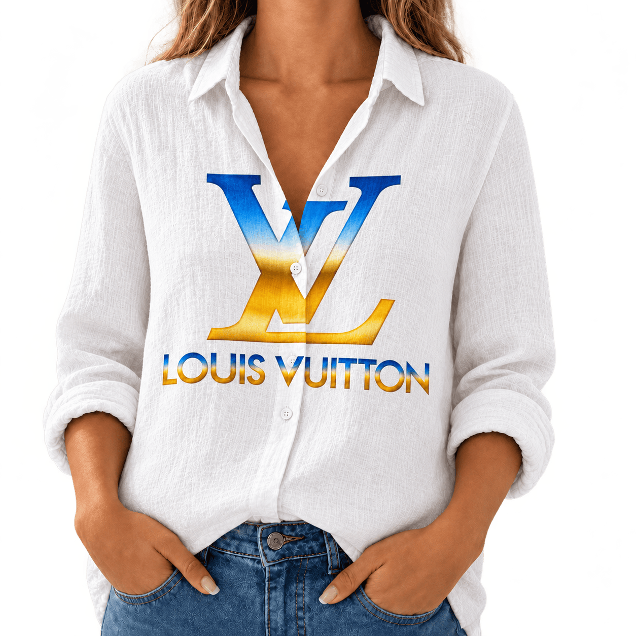 Louis Vuitton | Blue Gold Gradient Logo Linen Shirt Fall 2026 Collection
