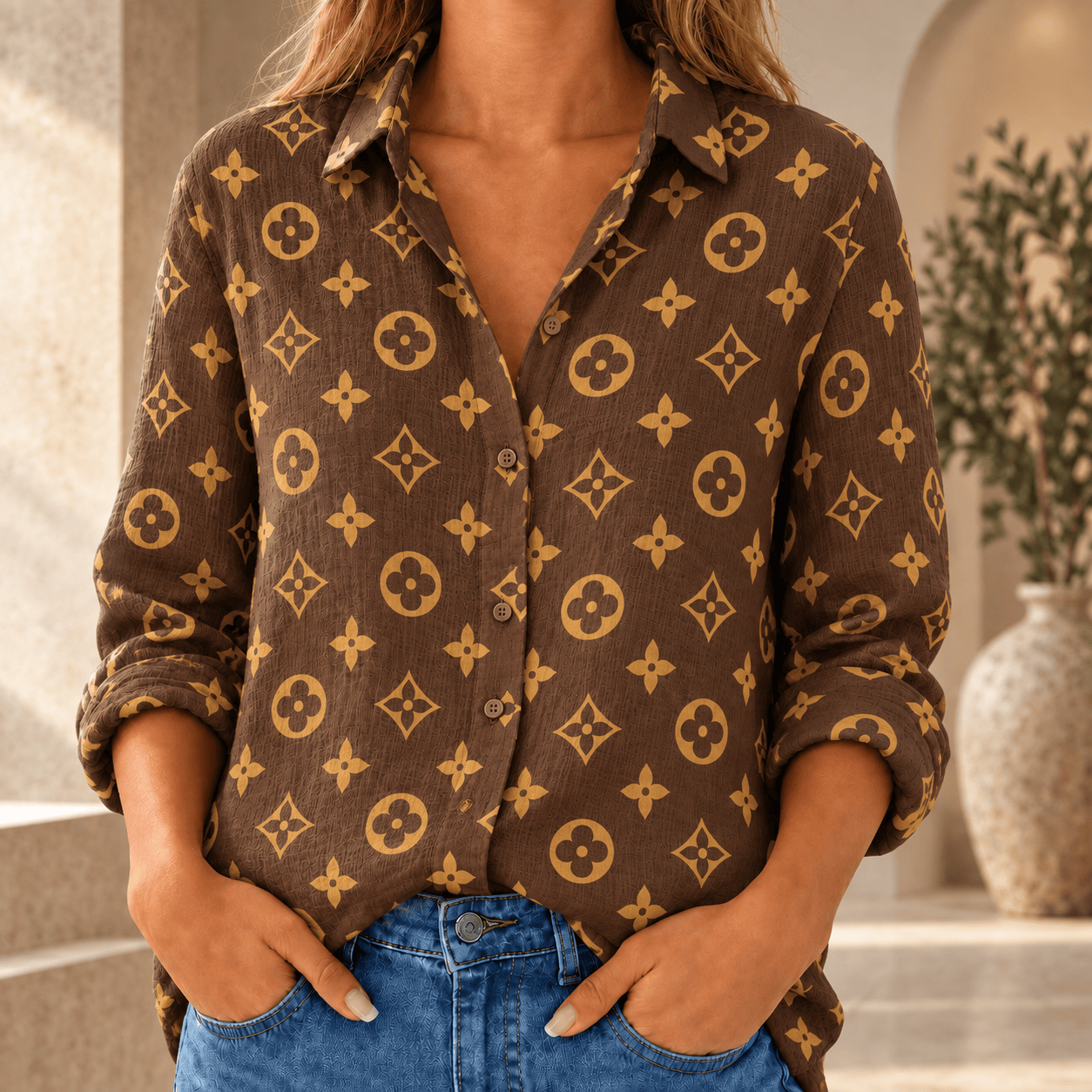 Louis Vuitton | Golden Oversized Monogram Print Linen Shirt Fall 2026 Collection