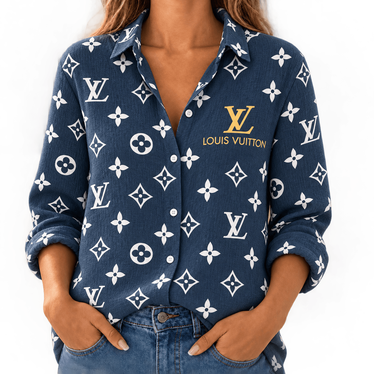 Louis Vuitton | Navy Monogram Print Linen Shirt Winter 2026 Collection