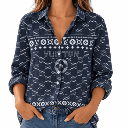 Louis Vuitton | Navy Fair Isle Monogram Linen Shirt Fall 2026 Collection