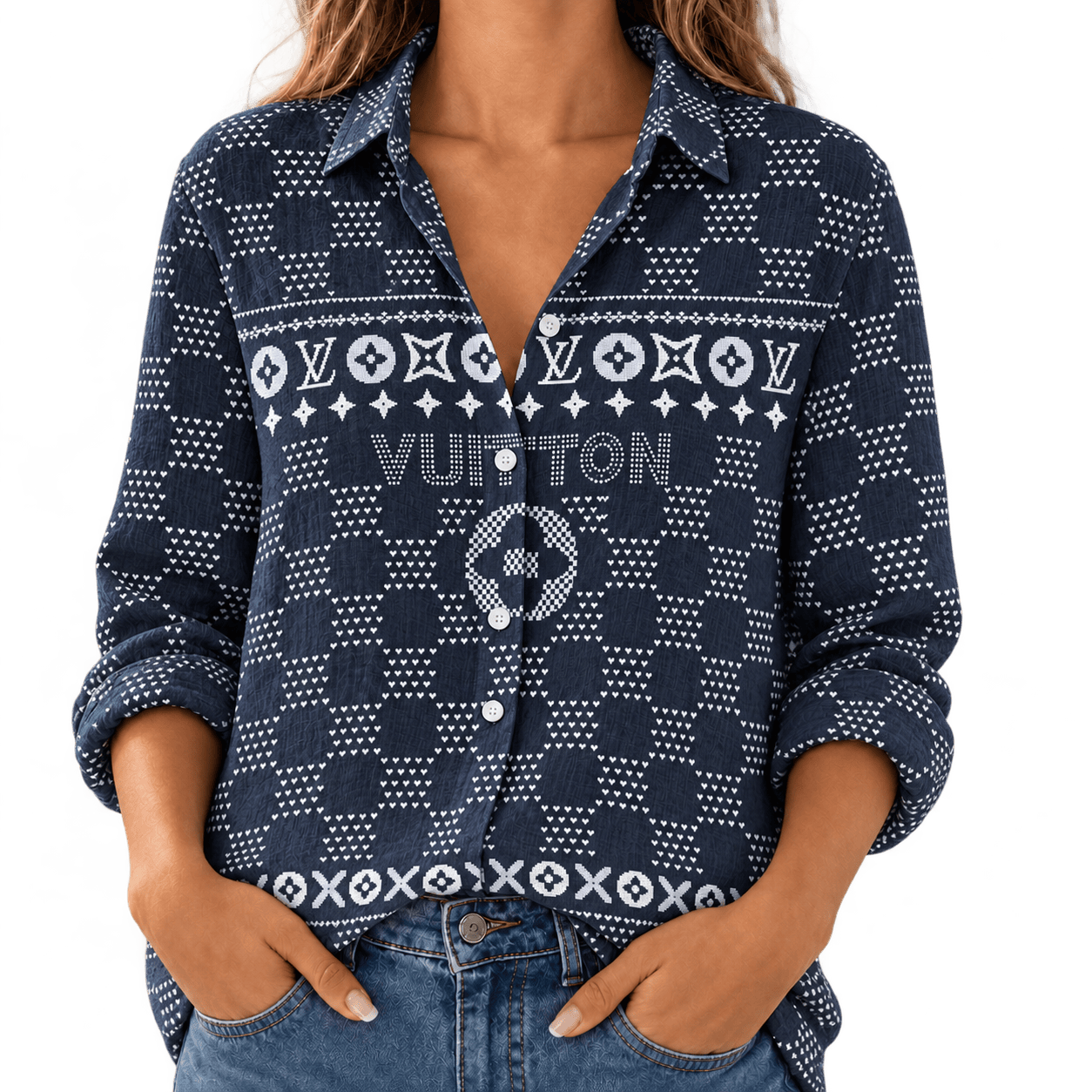 Louis Vuitton | Navy Fair Isle Monogram Linen Shirt Fall 2026 Collection