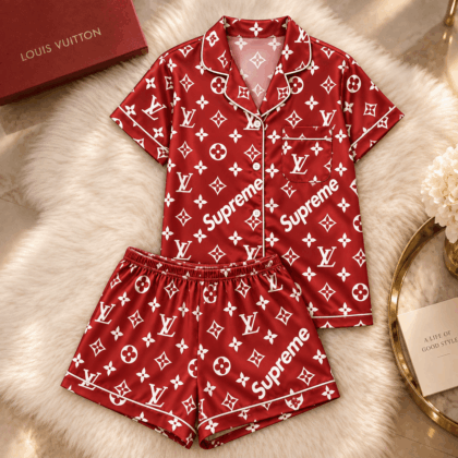 Louis Vuitton | Crimson Monogram Logo Print Pajamas Set Winter 2026 Collection