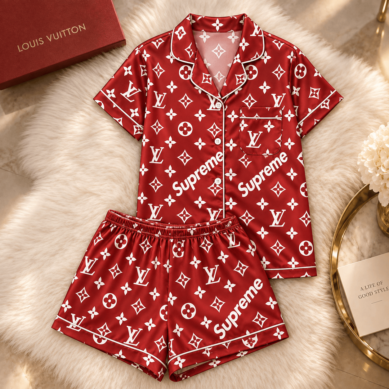 Louis Vuitton | Crimson Monogram Logo Print Pajamas Set Winter 2026 Collection