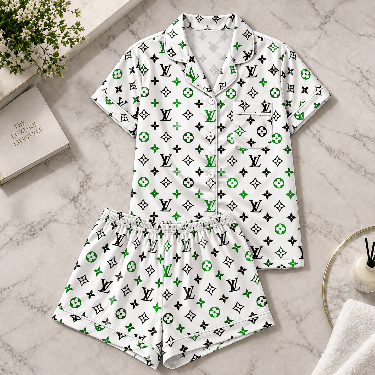 Louis Vuitton | Green Black Monogram Print Pajamas Set Winter 2026 Collection