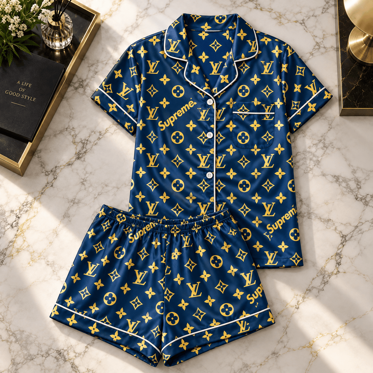 Louis Vuitton | Royal Blue Gold Monogram Pajamas Set Fall 2026 Collection