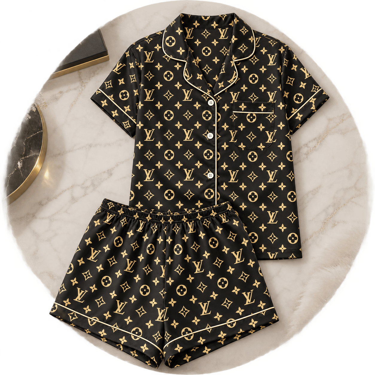 Louis Vuitton | Black Gold Monogram Print Pajamas Set Fall 2026 Collection