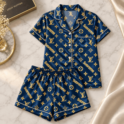 Louis Vuitton | Navy Gold Monogram Print Pajamas Set Fall 2026 Collection