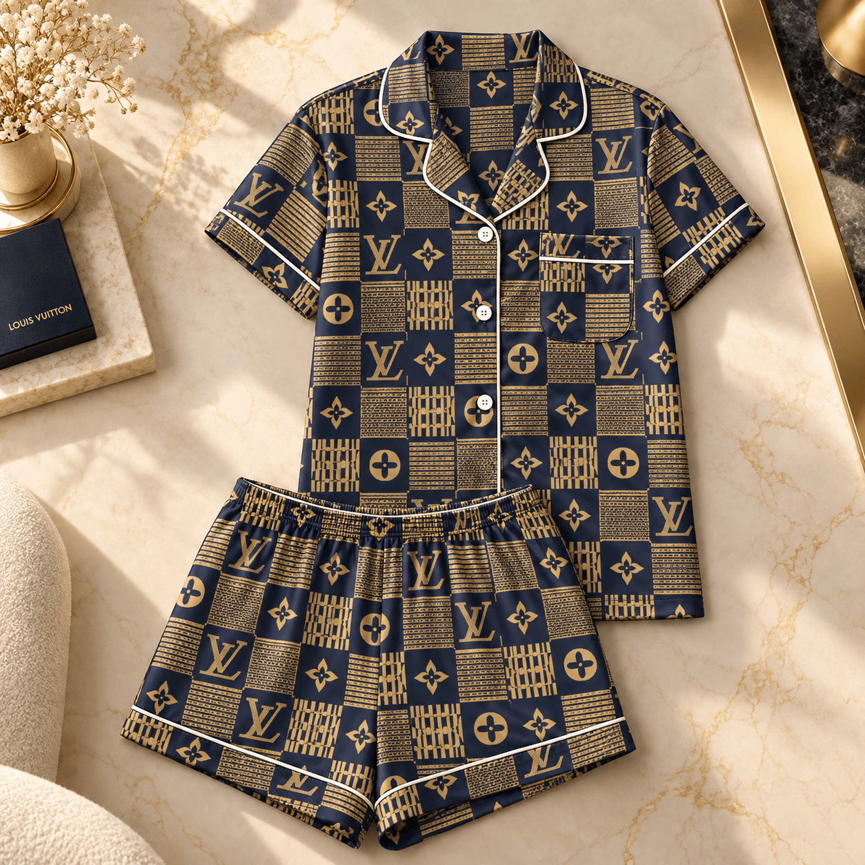 Louis Vuitton | Navy Monogram Patchwork Pajamas Set Winter 2026 Collection