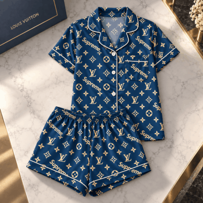 Louis Vuitton | Navy Gold Monogram Print Pajamas Set Winter 2026 Collection