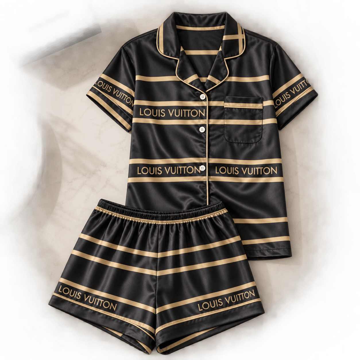 Louis Vuitton | Gold Logo Stripe Pajamas Set Winter 2026 Collection