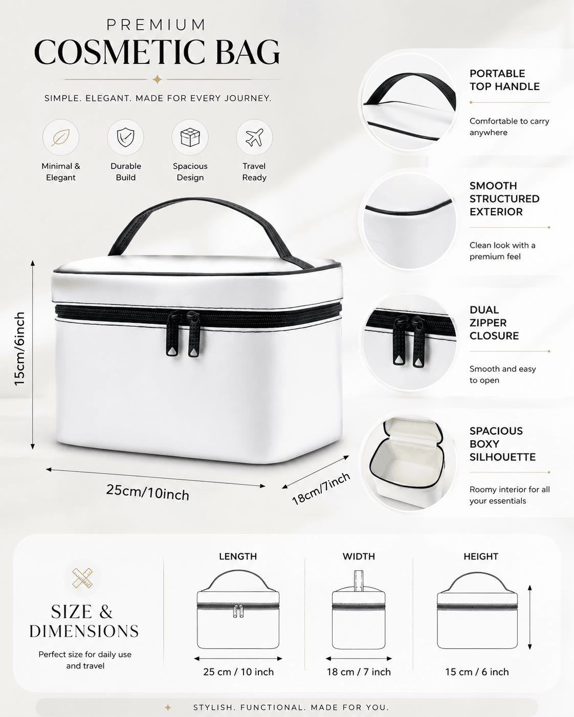 Premium Cosmetic Bag details and dimensions