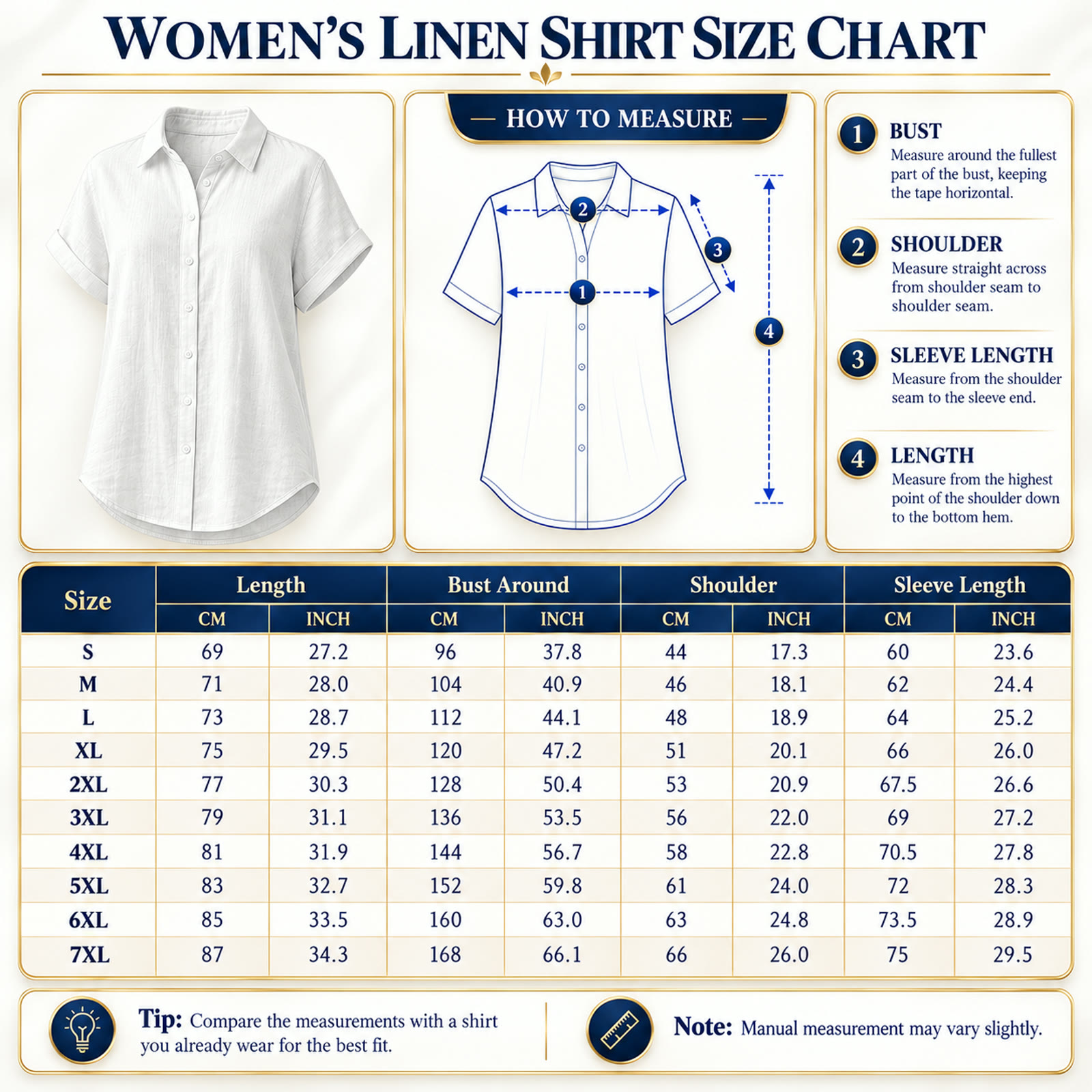 Women's Linen Shirt Size Chart